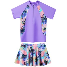 Girls Rash Guard Swimsuits Set 2 Pieces Bathing Suit UPF50+ Short Sleeve Kids Zipper Beach Swimming Skirts with Shorts Swimwear 3-12Y, Stylish Purpleleaves, 5-6 Years
