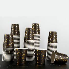 CEILIWEN Pack of 100 Black and Gold Star Paper Cups, 9 OZ/250ml Gold Paper Cups, Paper Party Cups for Both Hot Drinks and Cold Drinks (Black Gold Stars)