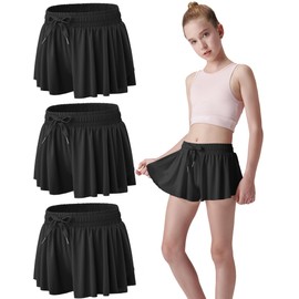 3 Pack Girls Flowy Shorts with Spandex Liner 2-in-1 Youth Butterfly Skirts for Fitness, Running, Sports (Set 17, Large)