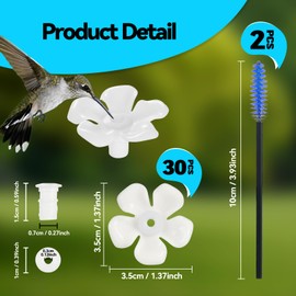 30 Hummingbird Feeder Replacement Flowers - Bee-Proof White Plastic Blossoms, Fits 0.24"-0.28" Holes, Includes 2 Brushes for Easy Cleaning