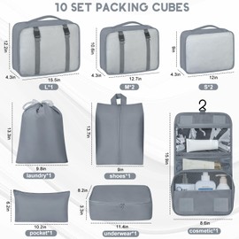 10 Set Packing Cubes for Travel, Luggage Organizer Bags with Hanging Toiletry Bag and Shoe Bag, Travel Packing Cubes for Carry on Suitcase Luggage Accessories Vacation Essentials (Grey)