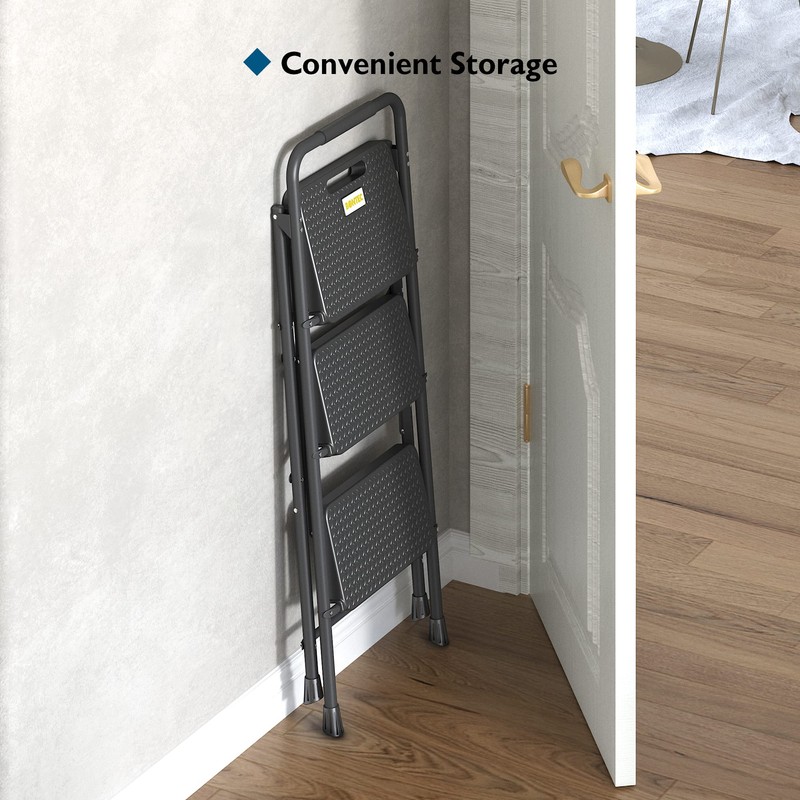 BONTEC 3-Step Ladder, Folding Step Stool, 600lbs Max Load Capacity,