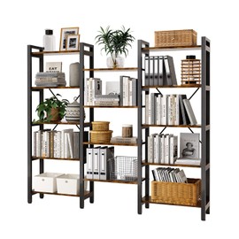 oneinmil Triple Wide 5-Shelves Corner Bookcase Industrial Vintage Wood Style Large Open Bookshelves for Home & Office (Brown, 5-Tier)