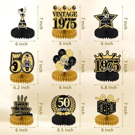 KiKiHong 9 Pieces Decoration 50th Birthday Man, 50th Birthday Men, Table Decoration 50th Birthday, 50th Birthday Decoration Black Gold Honeycomb Centrepiece for Birthday Party Decoration, Men and