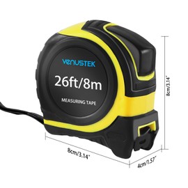 VENUSTEK Retractable Tape Measure 8m 26Ft,Professional Measuring Tape with Metal Belt Clip & Wide Blade,Metric & Imperial Measurement for home users,renovations,Construction.