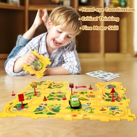 Plastic Dinosaur Puzzles for Kids with A Cute Car, Montessori Toys for 2 3 4 5 6 Year Old Boys, Race Tracks for Kids 3-5, Toddler Puzzle Track Play Set, Gifts for 2 3 4 5 6 Year Old Boys Toys