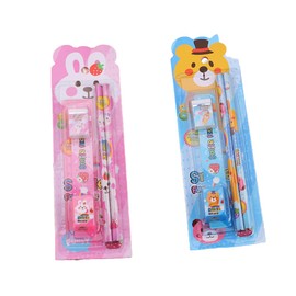 Creative Stationery Set, Cute Cartoon Stationery Set, Includes 2 x Pencil, 1 x Eraser, 1 x Sharpener and 1 x Ruler, 1 x Blue and 1 x Pink