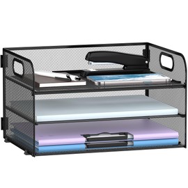 Supeasy Organizador de papel de 3 niveles con asa, organizador de escritorio de malla, bandeja de cartas, bandeja de papel organizador de archivos par