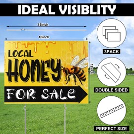 Glenmal 3 Pcs Local Honey Yard Sign 12 x 16 Inch Plastic Horizontal Sold Sign with Stakes Double Sided Print Local Honey Sale Signs for Farm Garden Lawn Outdoor