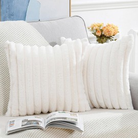Madizz Set of 2 Faux Fur Plush Decorative Cushion Covers, Fluffy, Striped, Soft, Decorative Cushion Cover for Sofa, Bedroom, Cushion, Creamy White, 45 x 45 cm