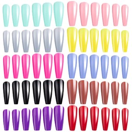 Pack of 240 Extra Long False Nails, Plain False Nails, Ballerina Coffin, Full Colour, Full Cover Nail Tips for Women, Girls, DIY Nail Art, Salon (10 Colours & 12 Sizes)