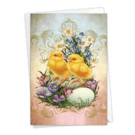 NobleWorks - 1 Retro Easter Greeting Card with Envelope (4.63 x 6.75 Inch) - Vintage Chicks and Bunnies-Two Chicks C9164GEAG