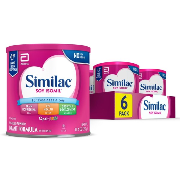 Similac Soy Isomil Infant Formula, for Fussiness & Gas, Plant-Based Protein, Baby Formula Powder, 12.4-oz Can, Pack of 6