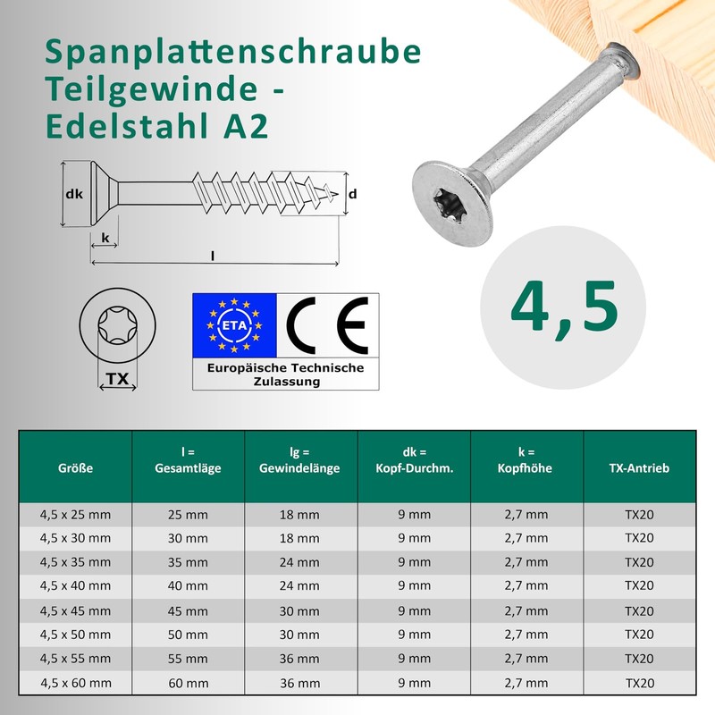 DSM Chipboard Screws 4.5 x 50 mm Stainless Steel A2/V2A