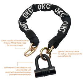 OKG Heavy Duty Motorcycle Chain Lock, 4 Keys, 3.3 ft x 1/2 in (12mm) Thick Hexagonal Cinch Security Chain with 18mm Cut Proof Hardened Alloy Steel U Lock for Motorcycles, E-Bikes, Mopeds, ATVs, Etc.