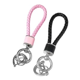 JUKOTA Pack of 2 Key Rings for Car, Motorcycle, Braided Leather Keyring, Universal D-Ring Key Pendant for Men and Women, Replacement Accessories for Car (Black, Pink)
