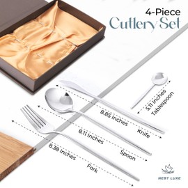 "Nest Luxe Silverware Set in Box - Set of 4 Stainless Steel Travel Utensils with Case - Packaged Elegantly, Ready to Gift - Compact and Portable Travel Cutlery Set