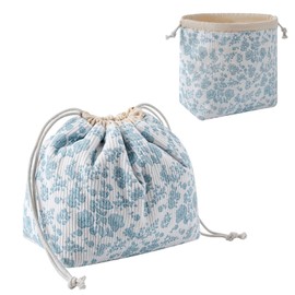 RSRSLEII Aesthetic Corduroy Drawstring Makeup Bag, Cute Coquette Drawstring Cosmetic Bag with Canvas Lining, Blue Flower Pattern Travel Makeup Organizer Case for Women Girls (07 LightBlue Flower)
