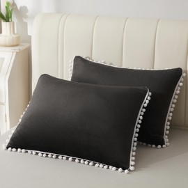 LIFEREVO Pom Poms Soft Velvet Pillow Cases Set of 2, Decorative Fringe Fuzzy Throw Pillow Shams, Cute Bed Pillowcases with Zipper for Kids Girls Teen Women Adults (Black, Standard Size)