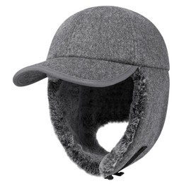 PivotWing Fur Hat Baseball Cap with Ear Flaps for Men Women Faux Fur Lining Wool Fabric Super Warm, Dark Heather Grey