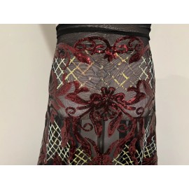 wowfabric4less123 Burgundy Gold Iridescent sequins On Black Stretch Fabric 50” Width 1 Yard