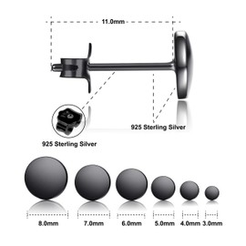 Schwarze Ohrringe Damen 925 Sterling Silber Ohrringe 3mm-8mm Optionen, Flacher Runder Hypoallergener Schmuck (5mm)