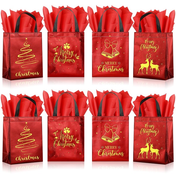 Pack of 24 Christmas Gift Bags with Tissues, Medium, Red,