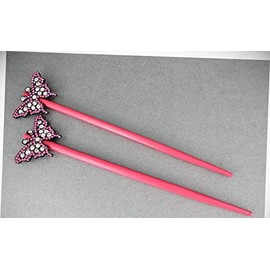 Perfect Hairstyle with Our Hair Accessories - Pink Set Of 2 Butterfly Hair Chop Sticks Wood Picks Pins Print 7 1/8" Long Fashionable Hair Accessory Hair Jewelry Accessories for Lady Women