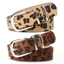 PLUSHCEWT Set of 2 Women's Belts, Leopard Print PU Leather Belt in Two Colours, Adjustable Waist for Jeans Dresses, Casual Fashion, Thin Belt with Metal Buckle, brown, One size fits all