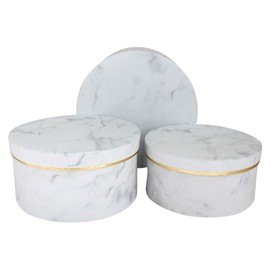 Emartbuy Set of 3 Rigid Flower Gift Box, White Marble Pattern, White Interior and Gold Rimmed Lid