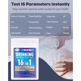 Pawfly 16 in 1 Drinking Water Test Kit, 50 Strips for Tap Water Well Swimming Pool Aquarium Spa, Home Water Quality Test Strips for pH Hardness Chlorine Lead Iron Copper Nitrate Fluoride & More