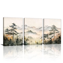 Farmhouse Wall Paintings For Bedroom Set, Framed Fog Forest Mountain Landscape Watercolour Canvas Wall Art Modern Nature Wall Prints Home Decor Artwork for Living Room Office Ready to Hang 12"X16"X3