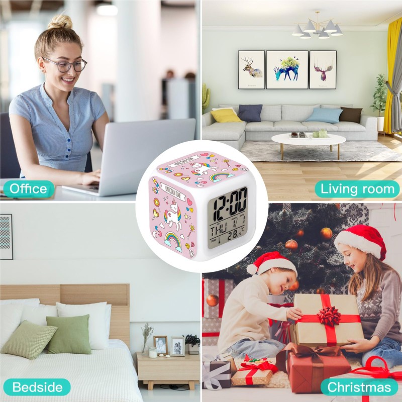Cisixin Digital Alarm Clock Unicorn Colourful Square Girls LED Illuminated