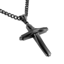 HZMAN Mens Polished Stainless Steel Silver Cross Pendant Necklace 22+2 Inches Chain - Colour: Black