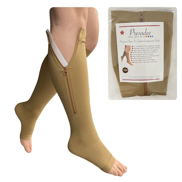 Presadee Premium 20-30 mmHg Firm Compression Swelling Pain Zipper Open Toe Sock (Beige, 4X-Large)
