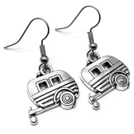 Caravan Charm Earrings, Tibetan Silver Charms on Nickel Free Silver Tone Hooks : 34mm long, Gift for Women, Travel Lover Jewellery, Car Holiday Drop Earrings