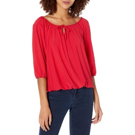 Star Vixen womens 3/4 Sleeve Peasant Elastic-hem Keyhole-tie Top Blouse, Red, Medium US