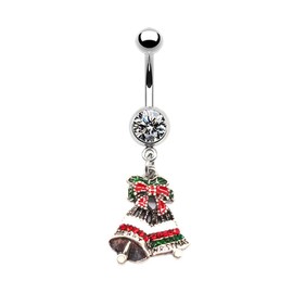 Christmas Belly Button Bars Ring for Women Hypoallergenic Red Green CZ Xmas Santa Snowflake Stocking Jingle Bell Statement Drop Dangle Belly Navel Rings Christmas Festival Jewelry (Santa Stocking)