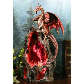 Ebros Ember Sapphire Quartz Dragon On Gemstone Mountain Statue with Backflow Incense Burner and LED Light Crystals Feature Fantasy Decor Figurine