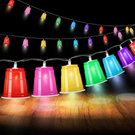 Tujoe 8 ft 12 LED Neon Solo Cup Shot Cups String Lights, White Trash Party Light up Mini Cup Shaped Fairy Light Decoration Battery Operated Glow Cups Decor for College Graduation Neon Party Supplies