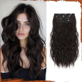 Sofeiyan Clip in Extensions, 4PCS 40 cm Haarverlängerung für Damen, Lockige Dicke Synthetische Haarextensions zum Einklippen Natürliches Weiches Clip in Haarteil – Dunkelbraun