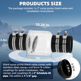 2 Inch Silent PVC Check Valve, Quiet Clear Sump Pump Check Valve With Stainless Clamps Fits 7-1/4" Gap in 2” Schedule 40 Pipe,With Spring Loaded Flapper Leak-proof Sewage