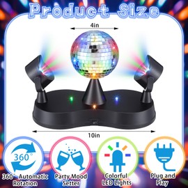 Rossesay Rotating Disco Ball with Movable Strobe Lights LED Revolving Light Disco Party Decorations Ball DJ Accessories for Adult Kids, 80s Birthday Dance Party Supplies