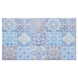 Vintage Portuguese Door Mat, Azulejo Tile Doormat for Front Door Entrance Porch, Blue and White Bath Mats for Bathroom, Retro Floral Welcome Mats for Outdoor Entryway, 17x30 Inches