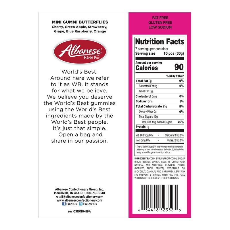 Albanese World's Best Mini Gummi Butterflies, 7.5 Ounce Peg Bag