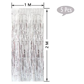 Torytoe Tinsel Curtains, Silver, Pack of 5 Metallic Glitter Curtain Birthday 1 x 2 m Foil Curtain, Glitter Tinsel Curtains, Foil Fringe Curtain for Birthdays, Festivals, Wedding, Party, Stage
