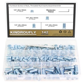 Kindroufly 142 Pieces 1/4"-20 x 10mm/15mm/20mm/25mm Threaded Inserts, Nut Inserts, Wood Inserts, Steel Threaded Inserts for Wood Furniture Screw, Blue Color