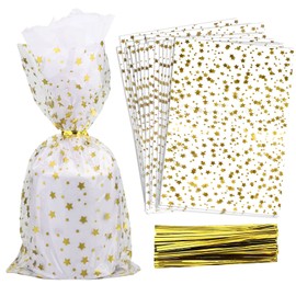COQOFA 100 Pcs Star Printed 5"X 11" Gift Wrap Cello Cellophane Treat Bags Party Favor bags Clear Candy Cookie Bags Plastic Poly Goodie Storage Bags with Twist Ties for Bakery,Birthday, Wedding ,Party Decorations (Gold)
