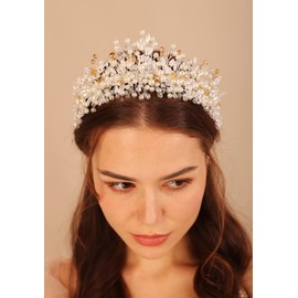 BERYUAN Pearls Flower Crystal Hair Crown Silver Pearls Crystal Headband Champagne Crystal Beads Headpiece Silver Bride Headband Wedding Hair Accessories for Brides Bridesmaid