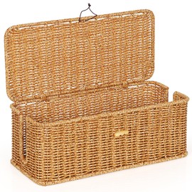 Tohiasen Cable Management Box, Handwoven Faux Rattan Cord Organizer Box with Lid, 2 Open Slots Cable Organizer Box, Decorative Cord Hider Box for Tv Computer USB Hub & Power Strip Holder Box